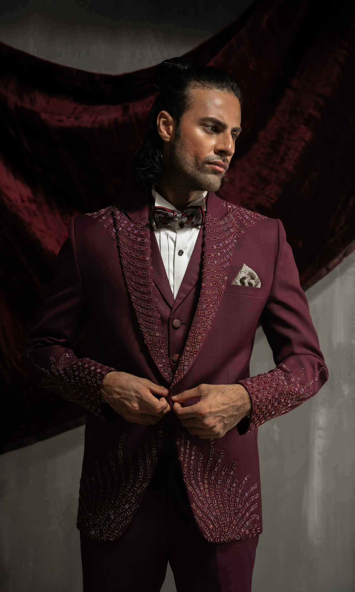 Maroon Bead-Embellished Suiting Fabric Groom Valima Suit (3-Piece) - Image 2