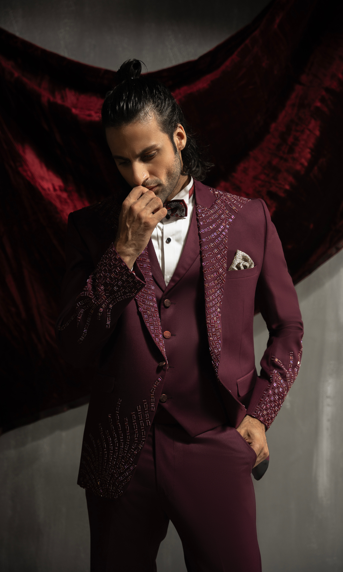 Maroon Bead-Embellished Suiting Fabric Groom Valima Suit (3-Piece) - Image 5