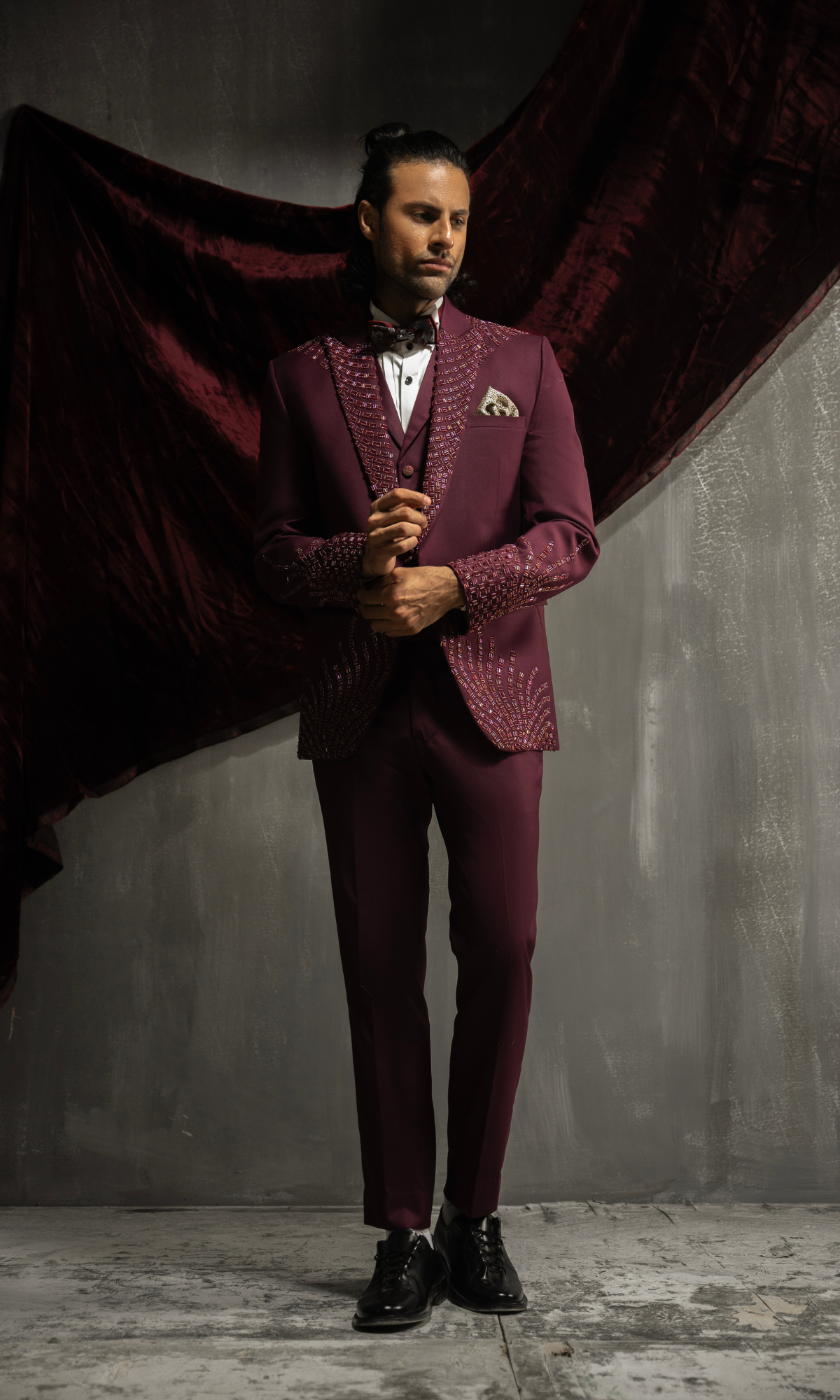 Maroon Bead-Embellished Suiting Fabric Groom Valima Suit (3-Piece) - Image 6