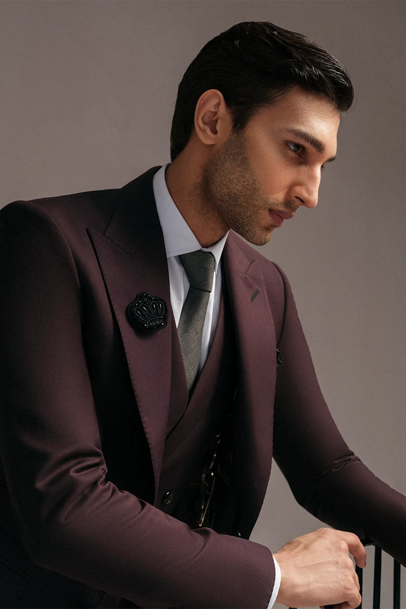 Burgundy Hem-Stitched Wool Blend Three-Piece Suit (3-Piece) - Image 2