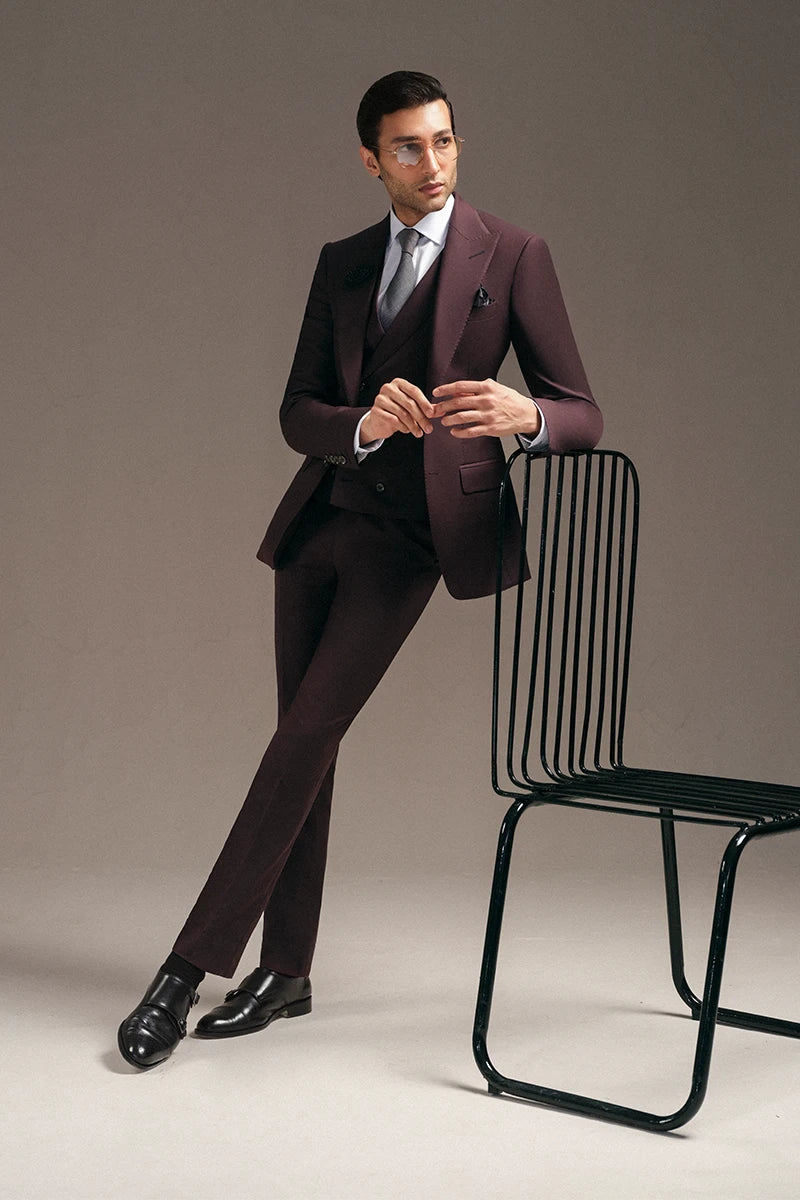 Burgundy Hem-Stitched Wool Blend Three-Piece Suit (3-Piece) - Image 4