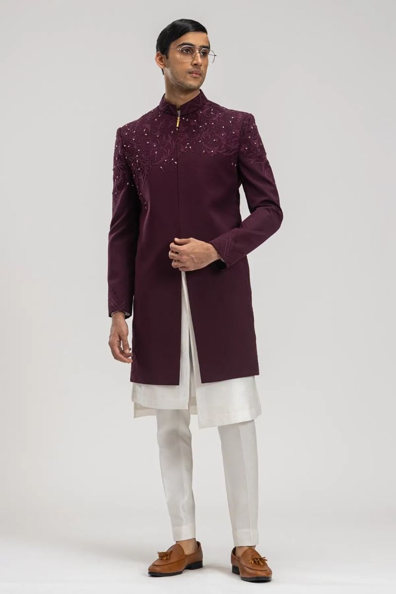 Dark Wine Resham Embroidered Italian Fabric Sherwani (3-Piece) - Image 1