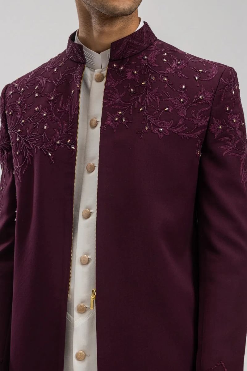Dark Wine Resham Embroidered Italian Fabric Sherwani (3-Piece) - Image 2