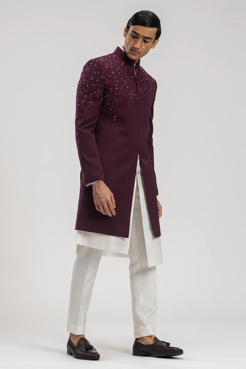 Dark Wine Resham Embroidered Italian Fabric Sherwani (3-Piece) - Image 3