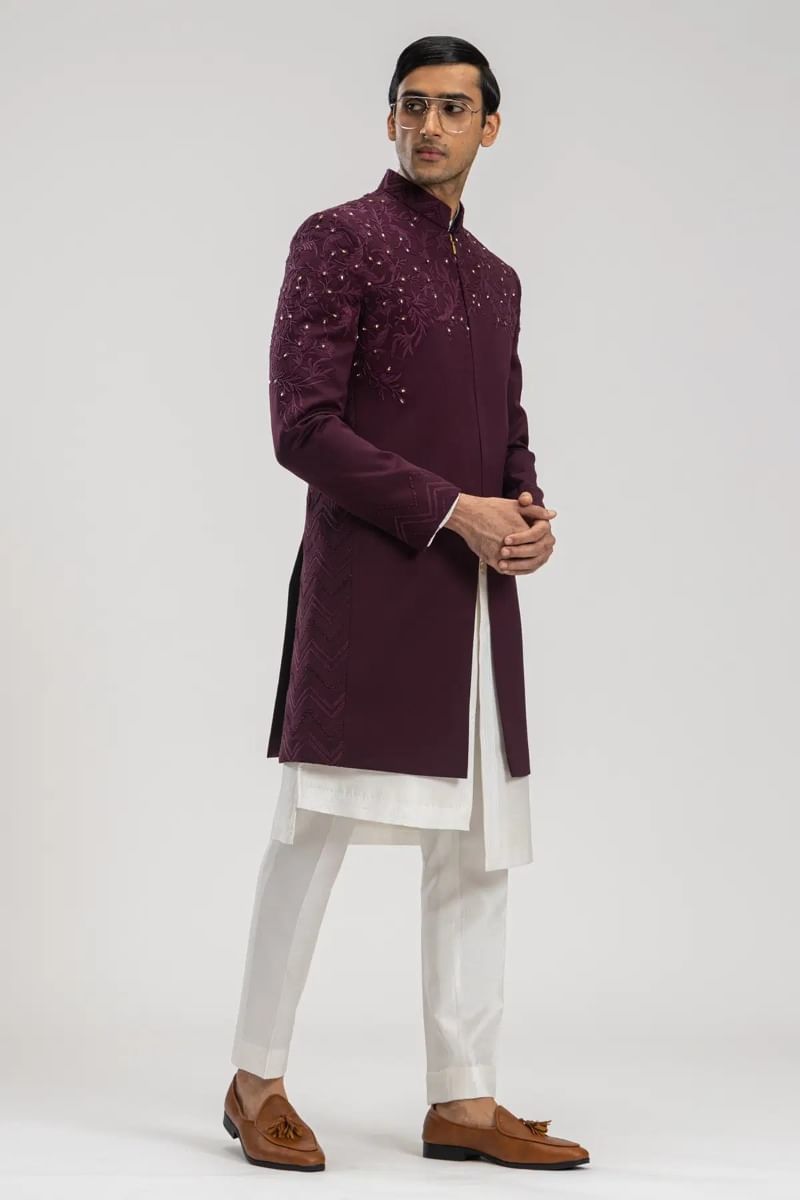 Dark Wine Resham Embroidered Italian Fabric Sherwani (3-Piece) - Image 4