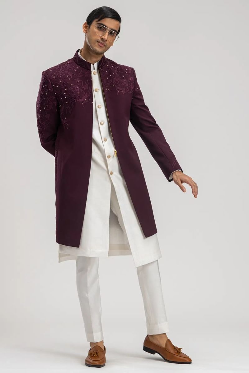Dark Wine Resham Embroidered Italian Fabric Sherwani (3-Piece) - Image 5
