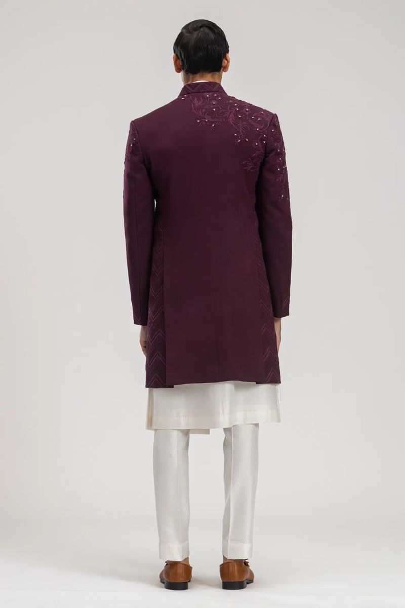 Dark Wine Resham Embroidered Italian Fabric Sherwani (3-Piece) - Image 6