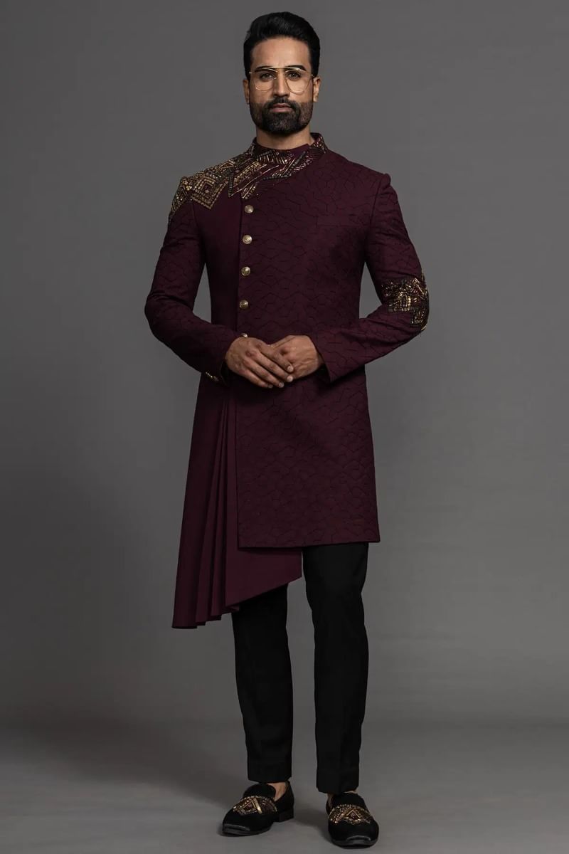 Wine Purple Beaded Jute Indo-Western Sherwani (2-Piece) - Image 1