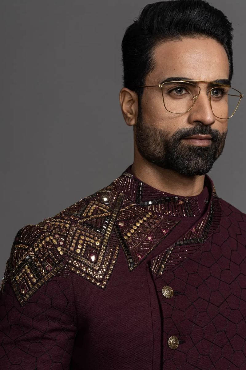 Wine Purple Beaded Jute Indo-Western Sherwani (2-Piece) - Image 2