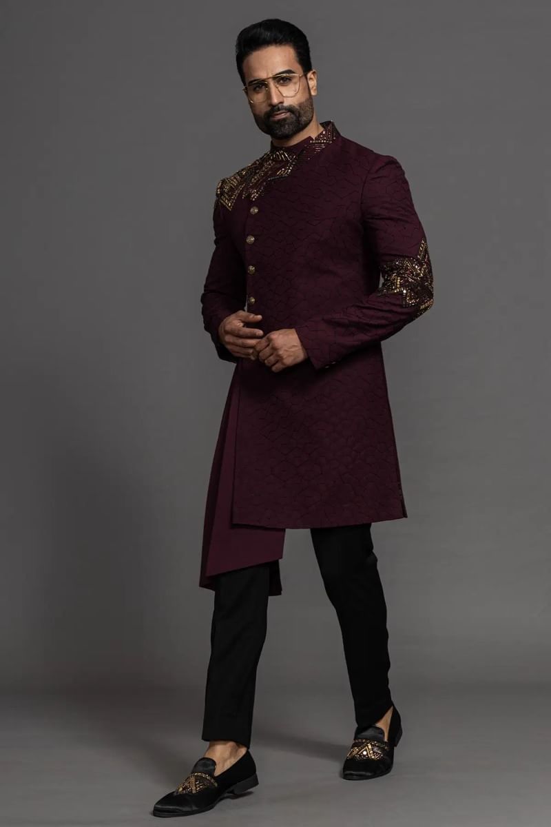 Wine Purple Beaded Jute Indo-Western Sherwani (2-Piece) - Image 3
