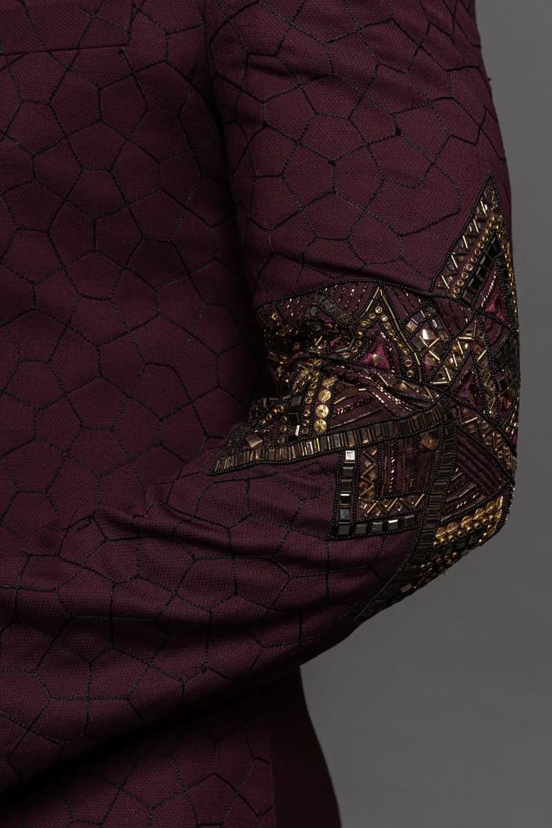 Wine Purple Beaded Jute Indo-Western Sherwani (2-Piece) - Image 4