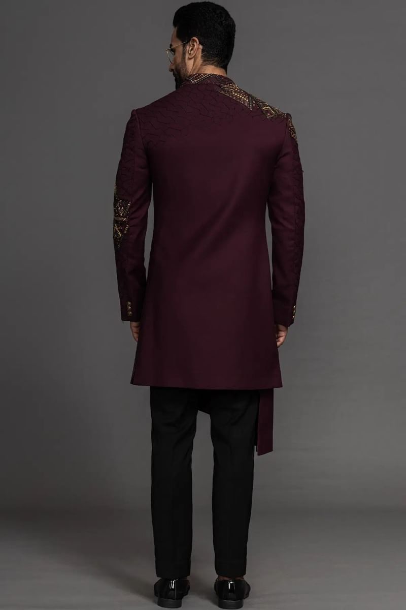 Wine Purple Beaded Jute Indo-Western Sherwani (2-Piece) - Image 6