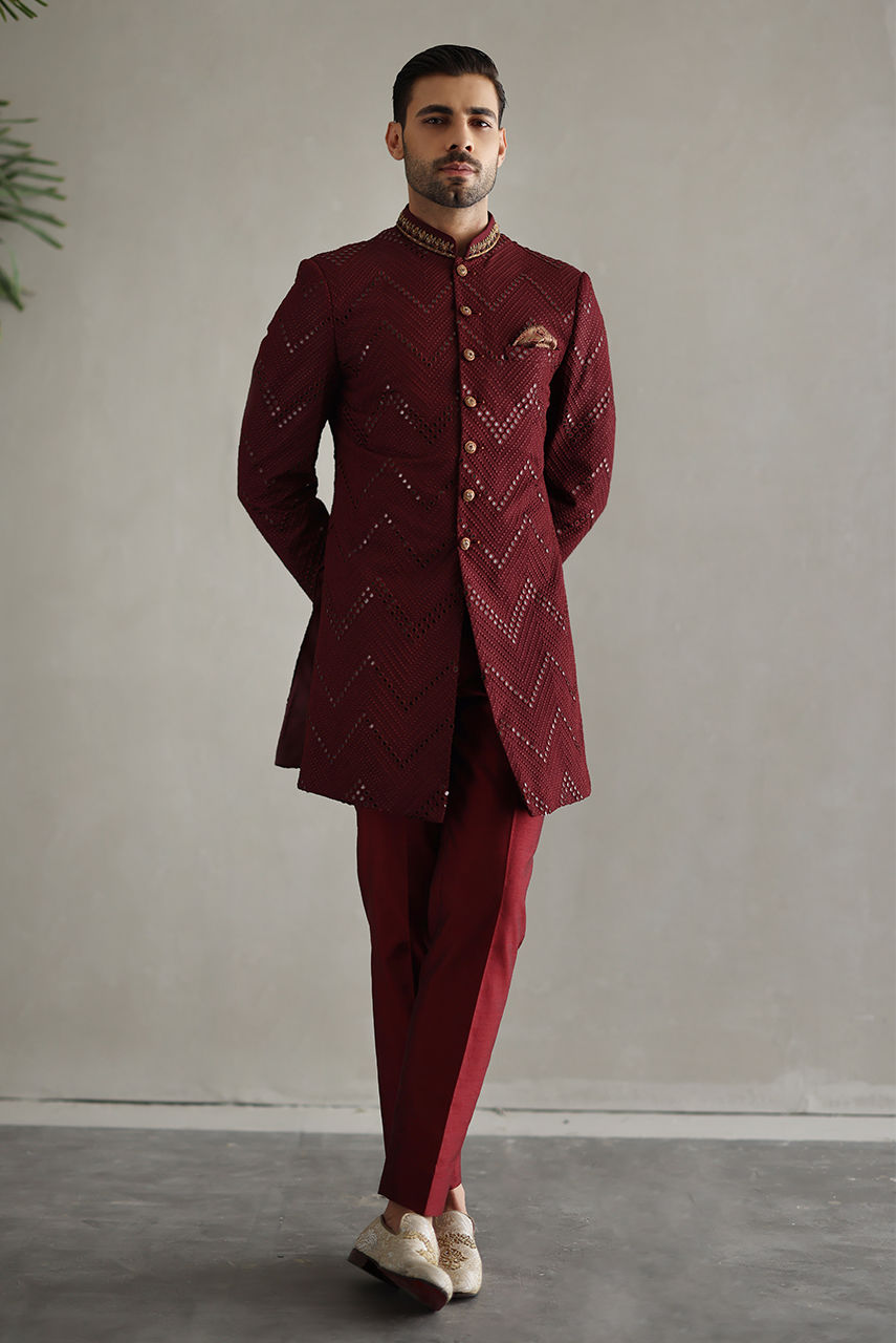 Maroon Chevron Embroidered Indo-Western Sherwani (2-Piece) - Image 1