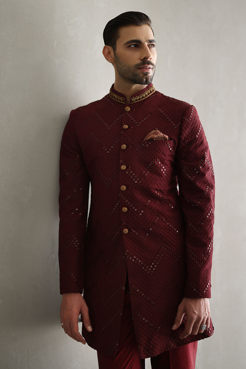 Maroon Chevron Embroidered Indo-Western Sherwani (2-Piece) - Image 2