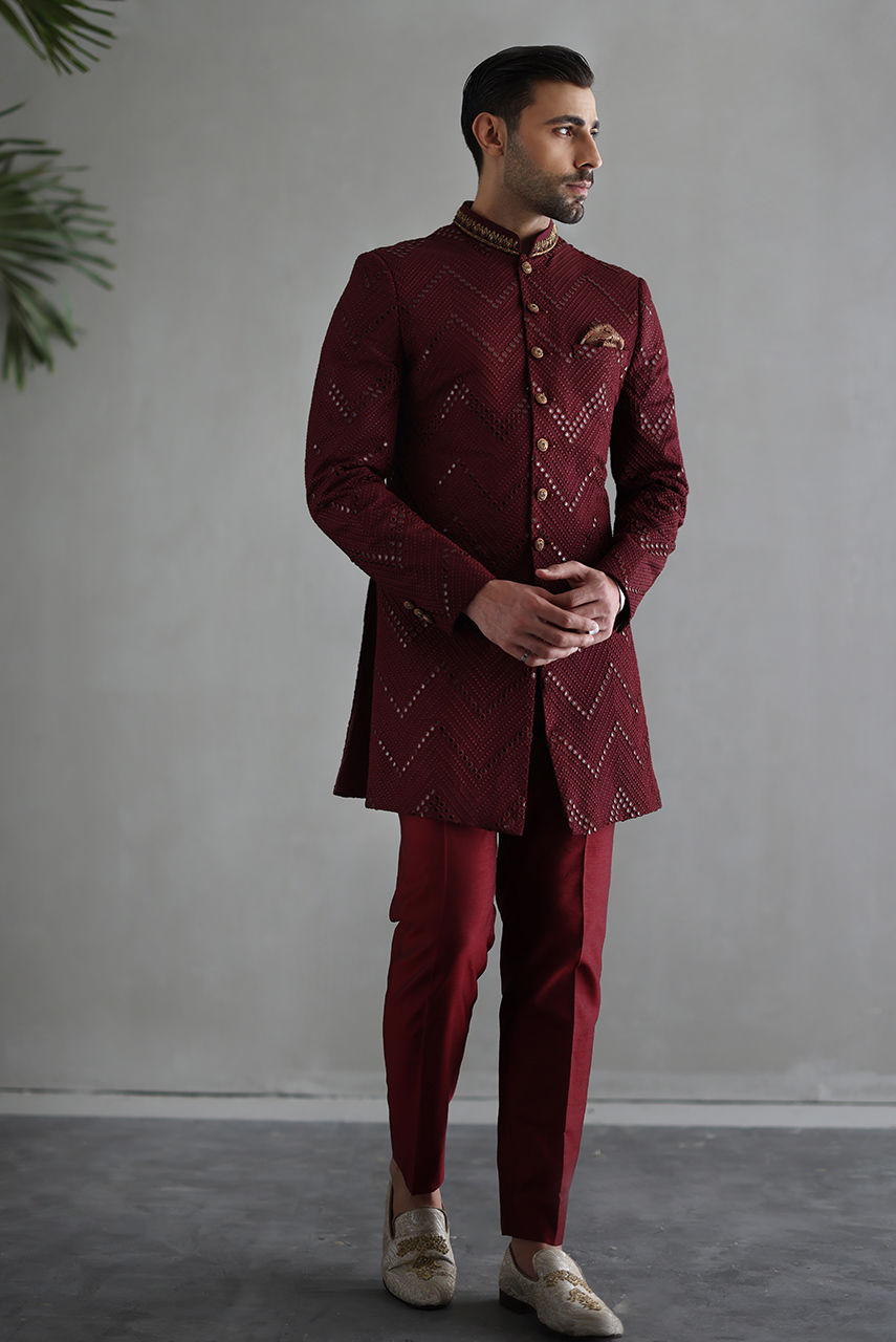 Maroon Chevron Embroidered Indo-Western Sherwani (2-Piece) - Image 3