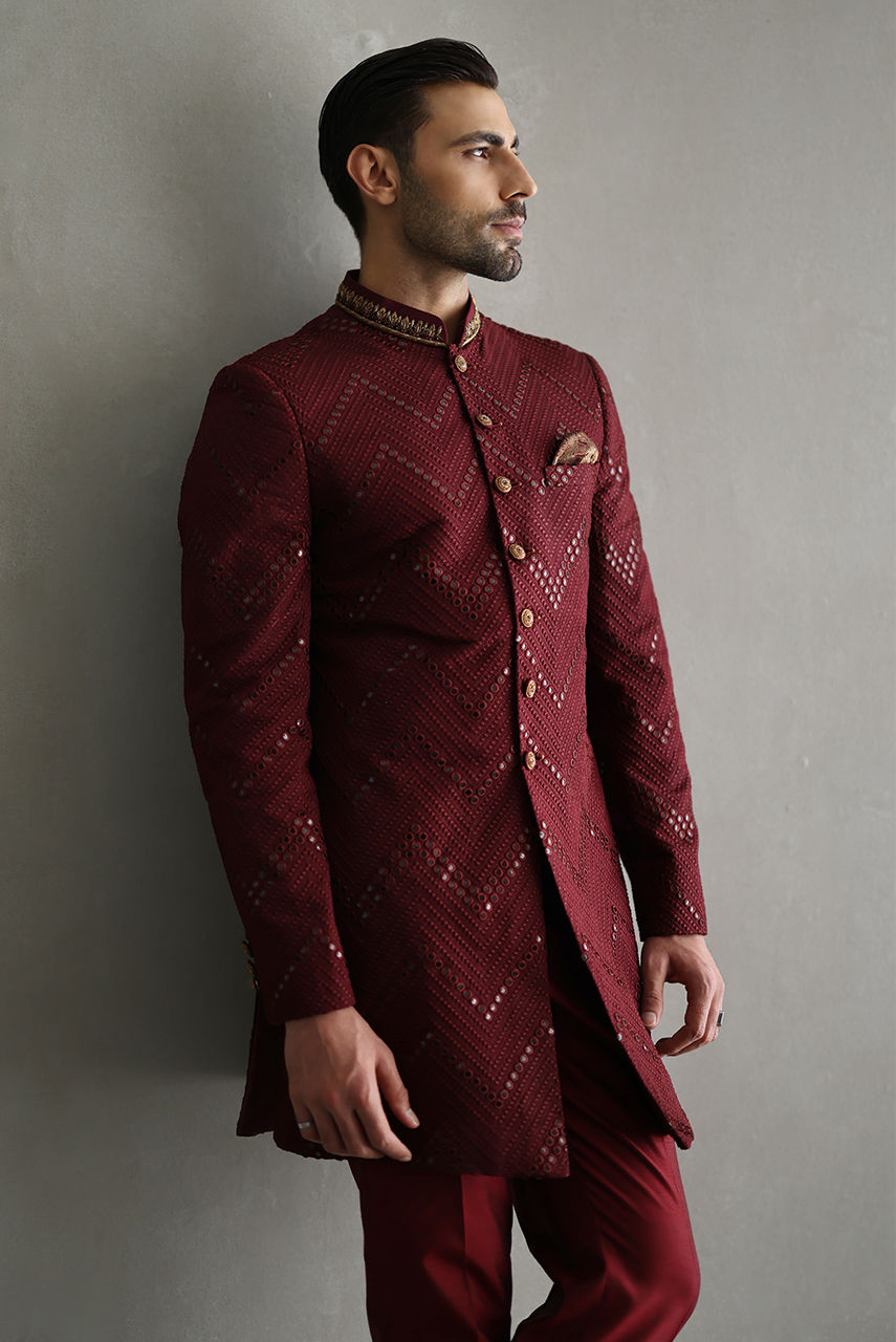 Maroon Chevron Embroidered Indo-Western Sherwani (2-Piece) - Image 4