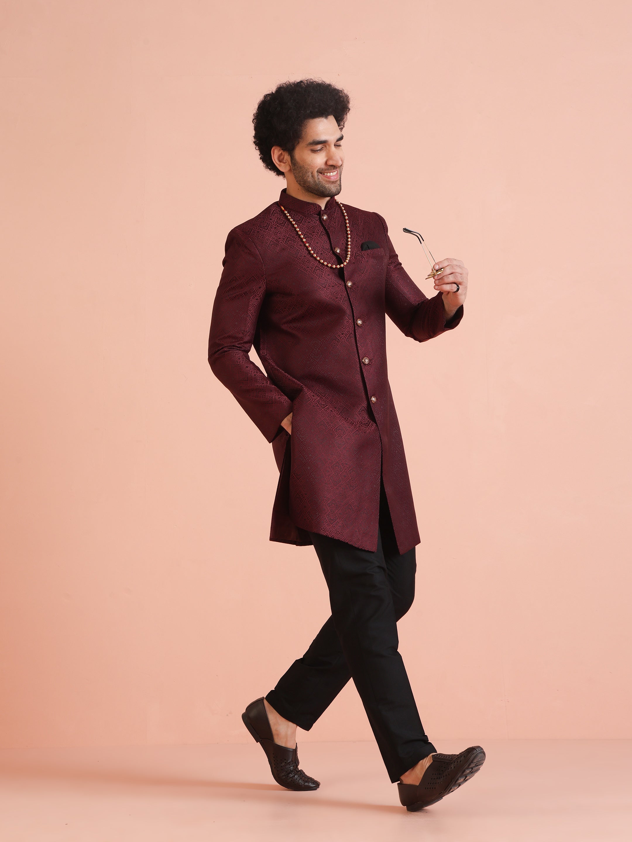 Maroon Woven Silk Blend Jacquard Indowestern Sherwani (2-Piece) - Image 1