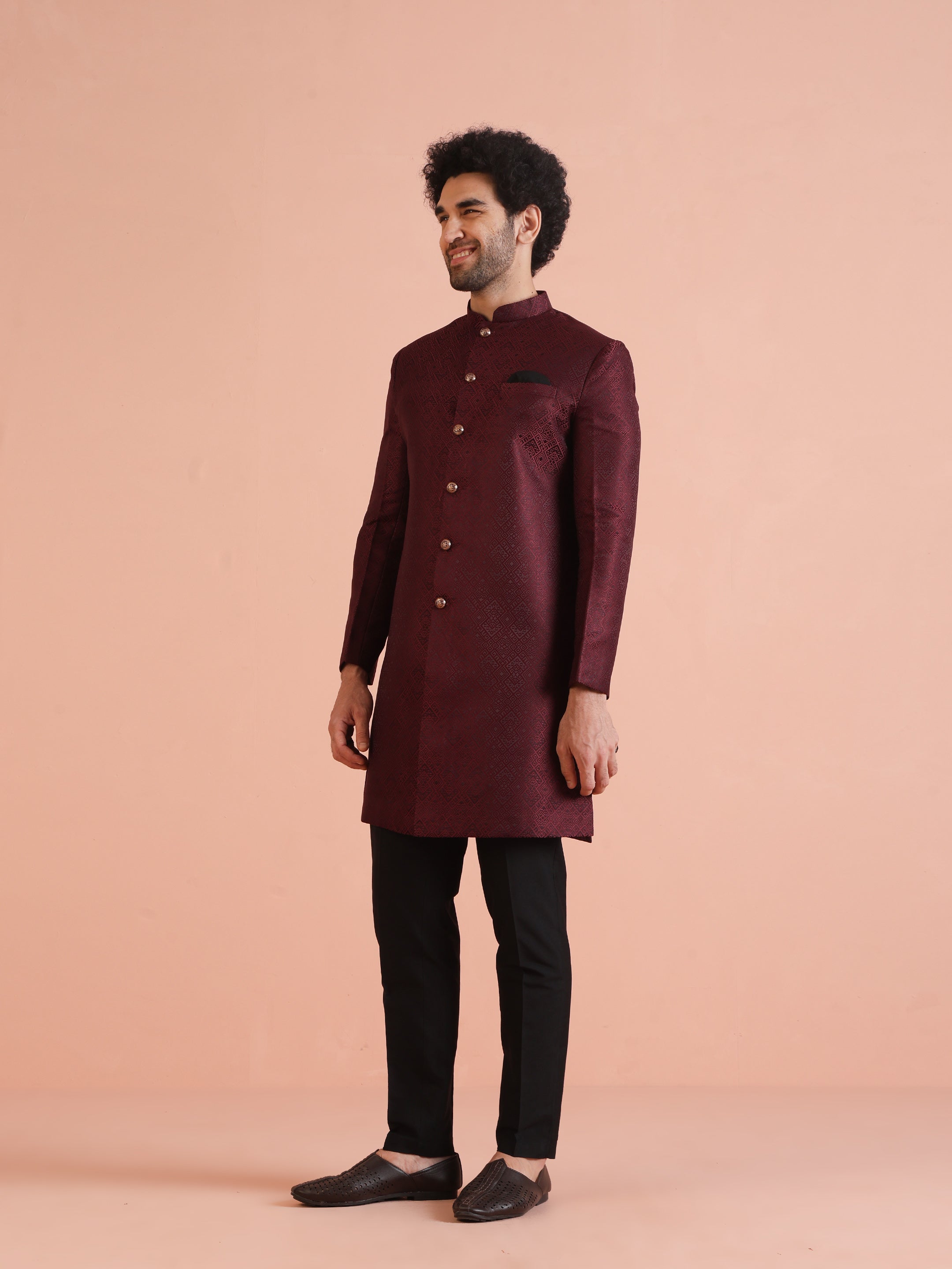 Maroon Woven Silk Blend Jacquard Indowestern Sherwani (2-Piece) - Image 2