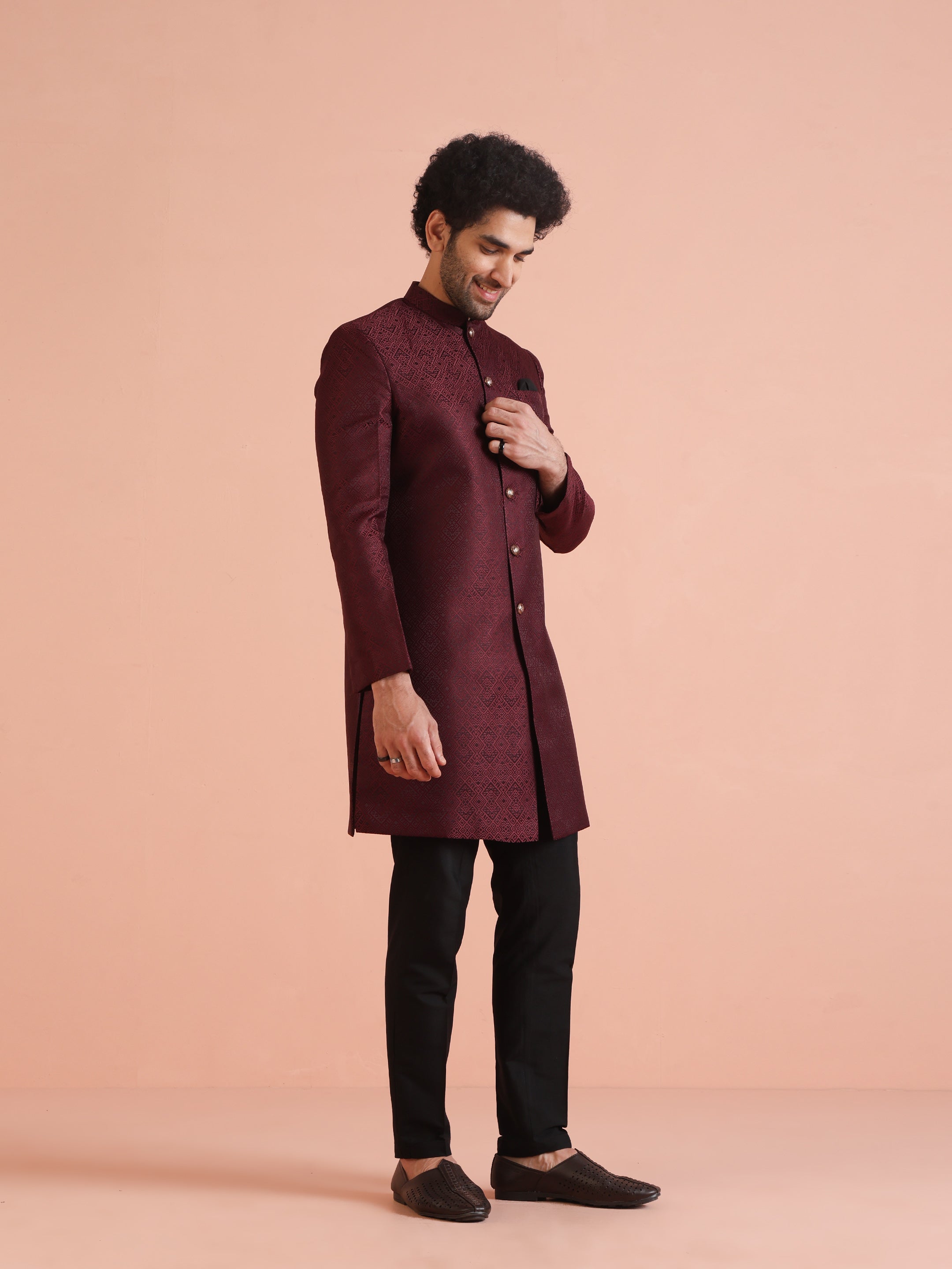 Maroon Woven Silk Blend Jacquard Indowestern Sherwani (2-Piece) - Image 3