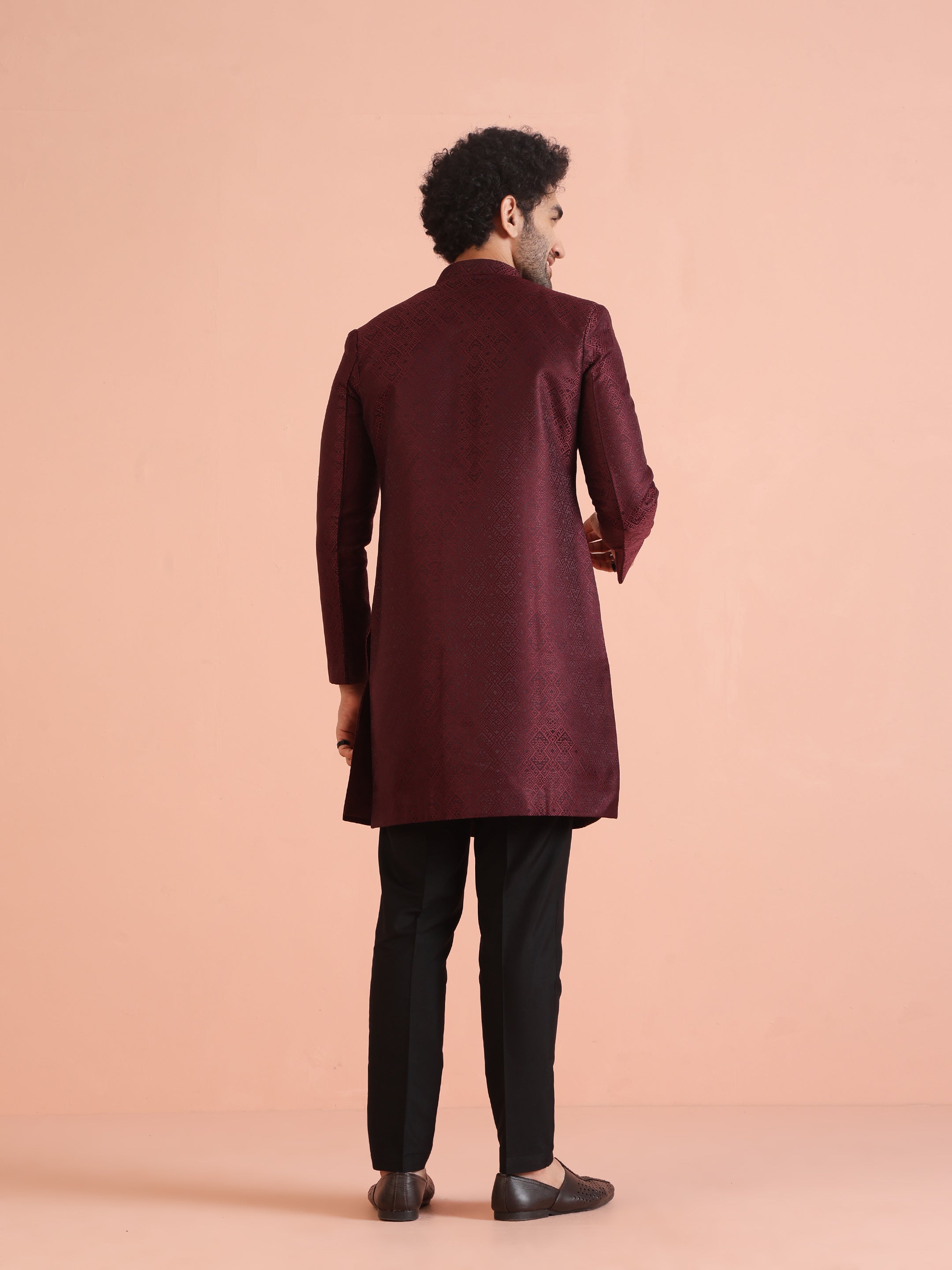 Maroon Woven Silk Blend Jacquard Indowestern Sherwani (2-Piece) - Image 4