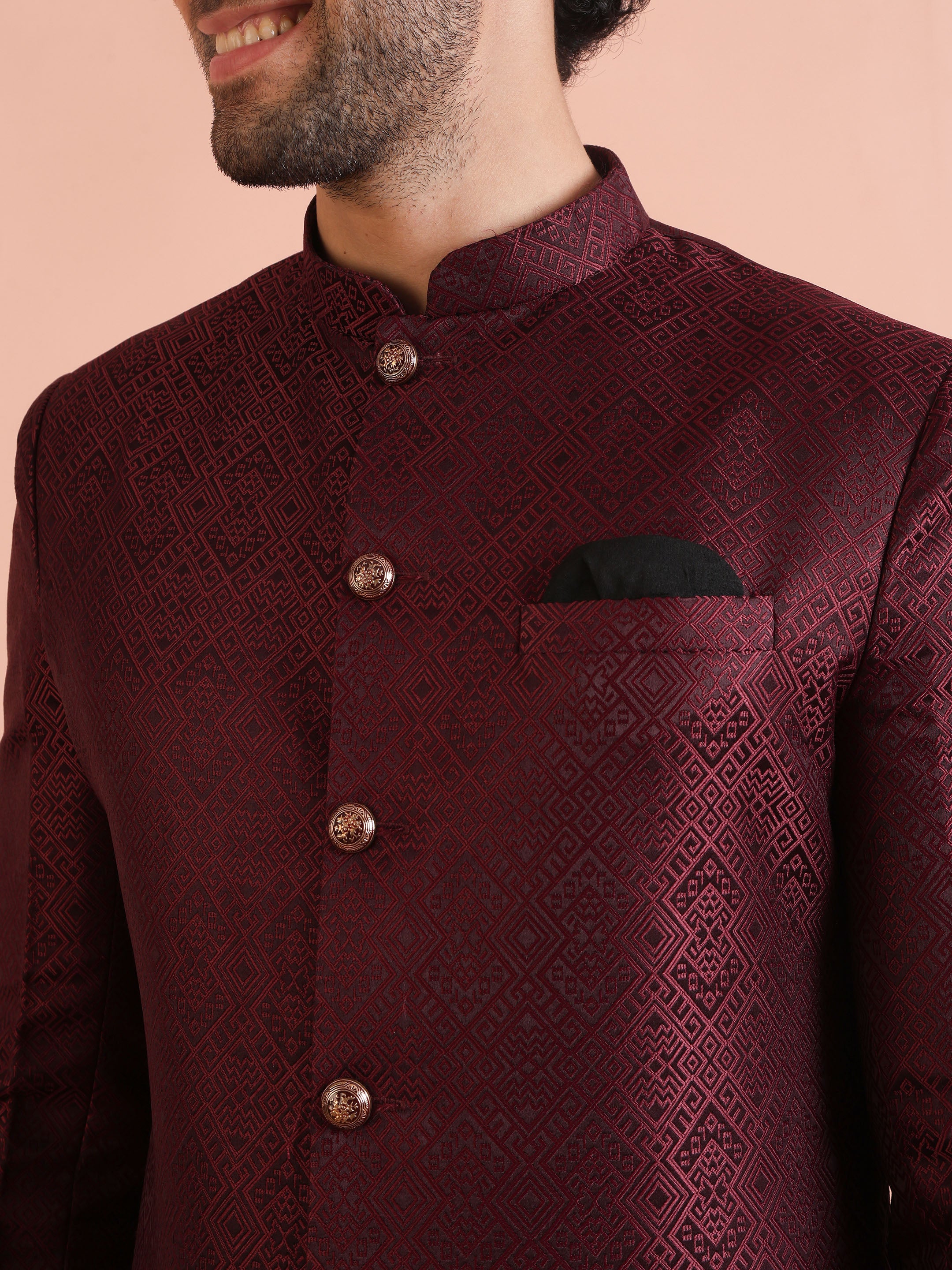 Maroon Woven Silk Blend Jacquard Indowestern Sherwani (2-Piece) - Image 5