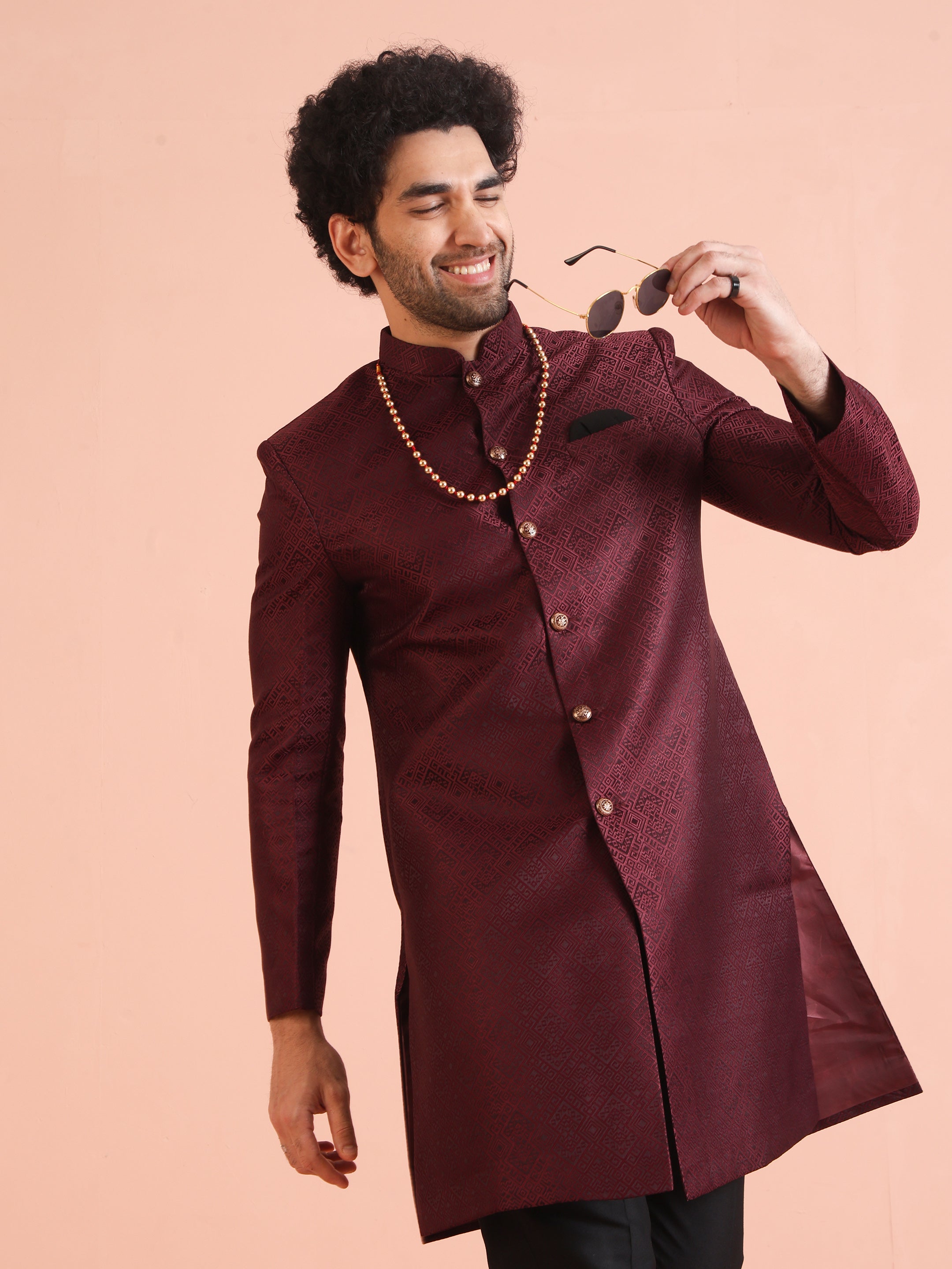 Maroon Woven Silk Blend Jacquard Indowestern Sherwani (2-Piece) - Image 6