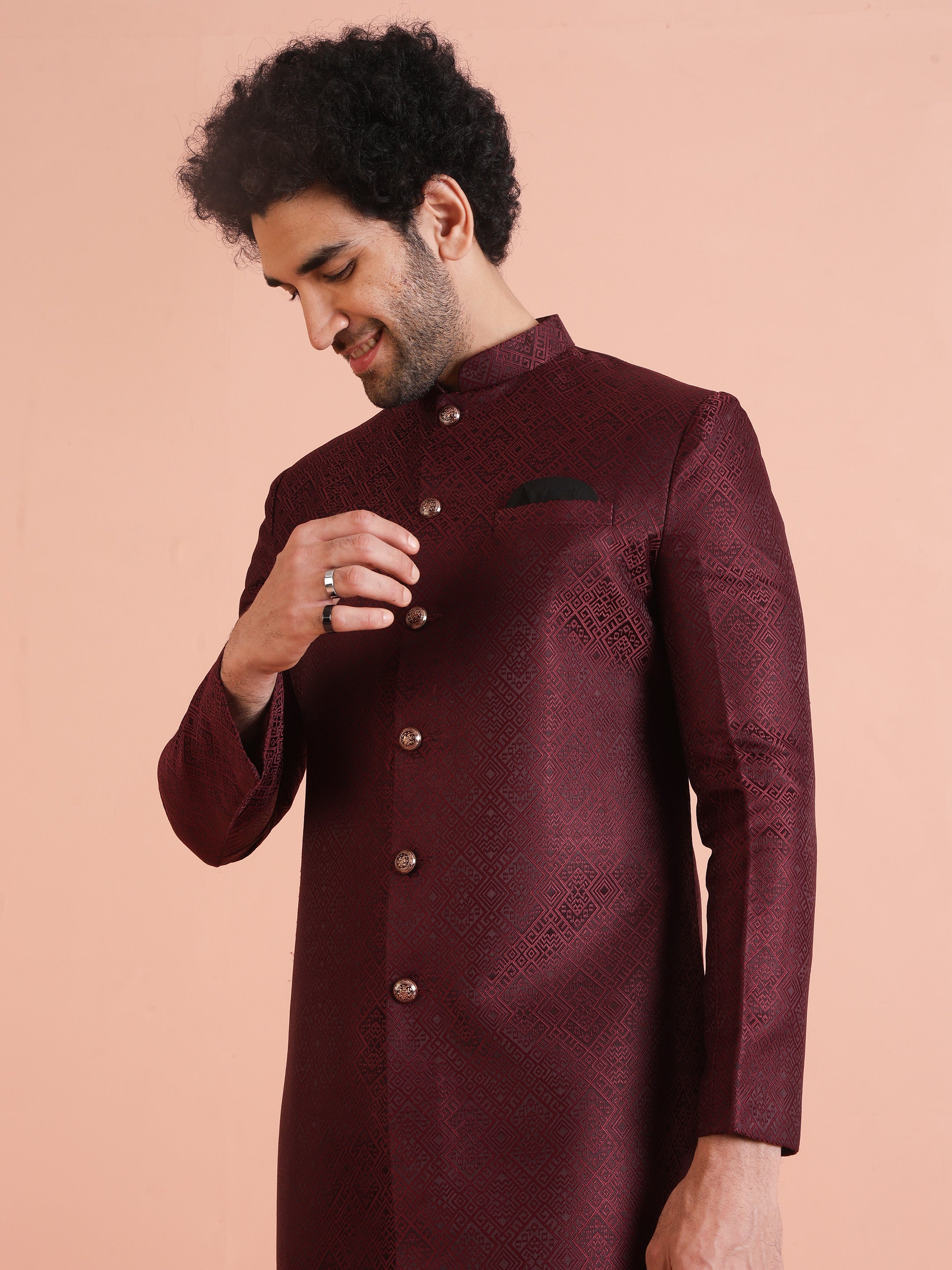 Maroon Woven Silk Blend Jacquard Indowestern Sherwani (2-Piece) - Image 7
