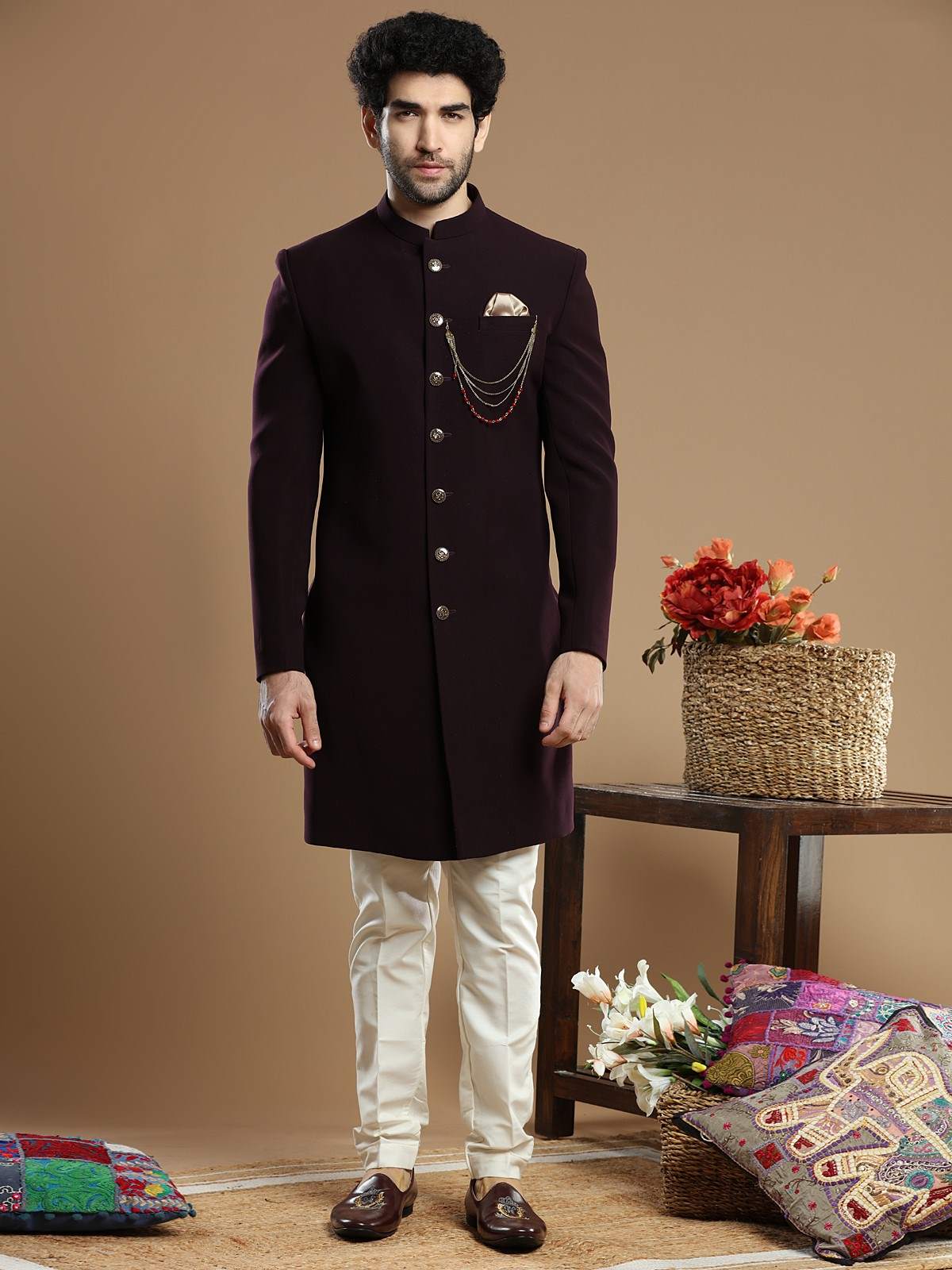 Wine Terry Rayon Indo Western Sherwani (2-Piece) - Image 1