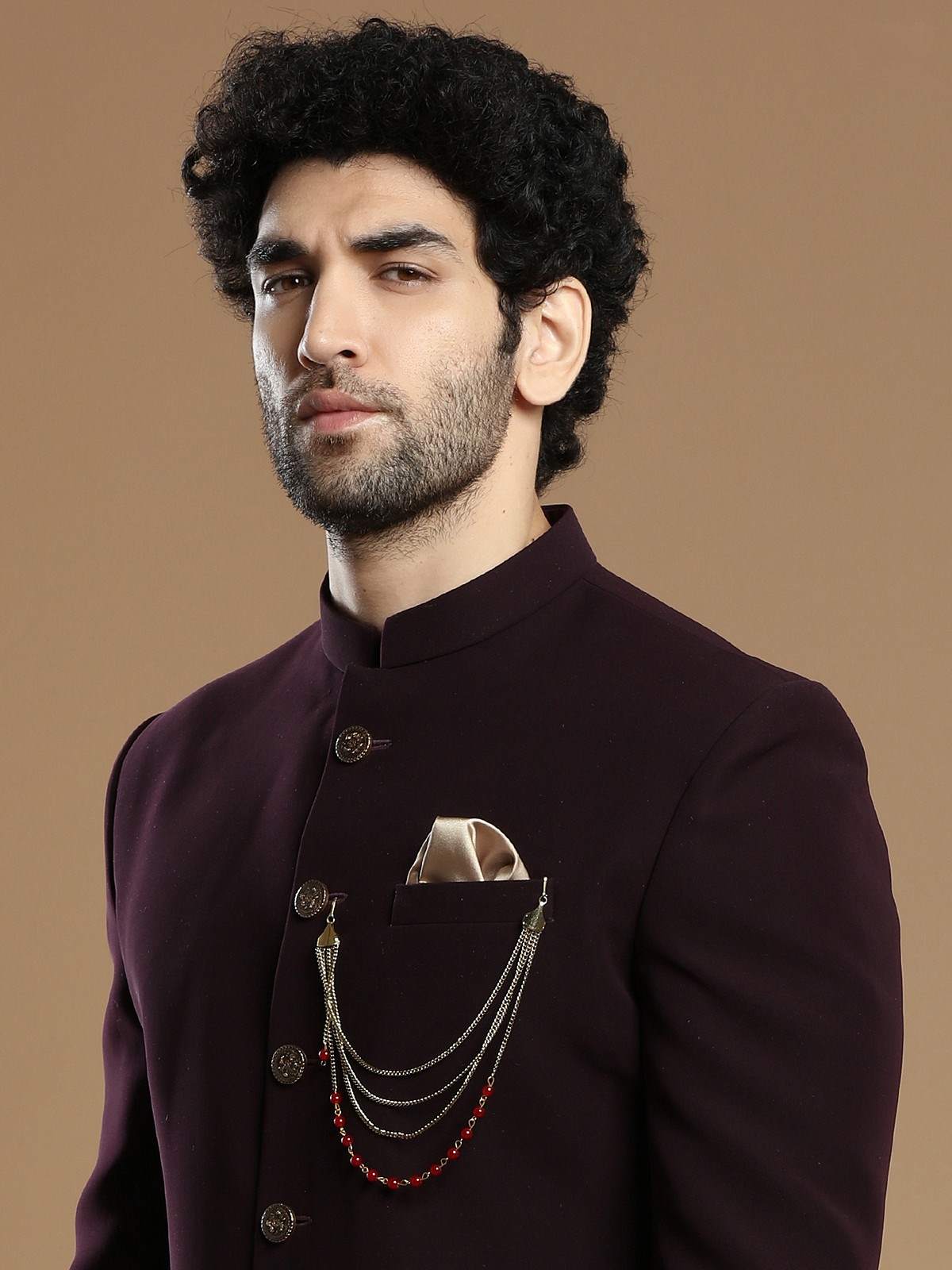 Wine Terry Rayon Indo Western Sherwani (2-Piece) - Image 2