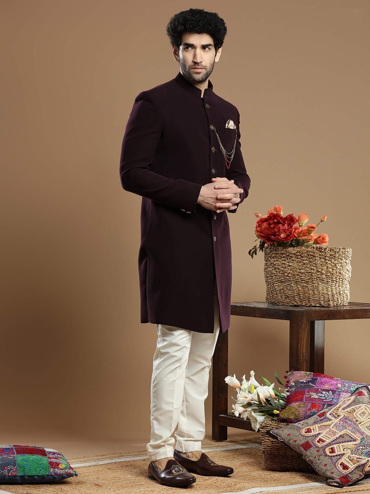 Wine Terry Rayon Indo Western Sherwani (2-Piece) - Image 3