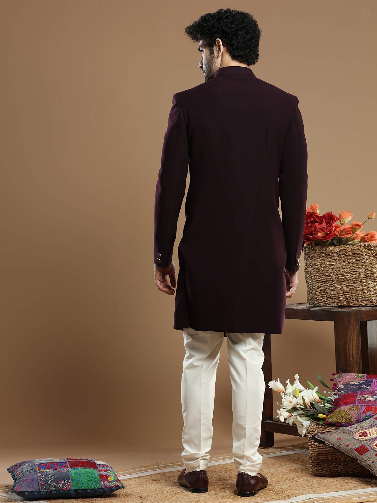 Wine Terry Rayon Indo Western Sherwani (2-Piece) - Image 5