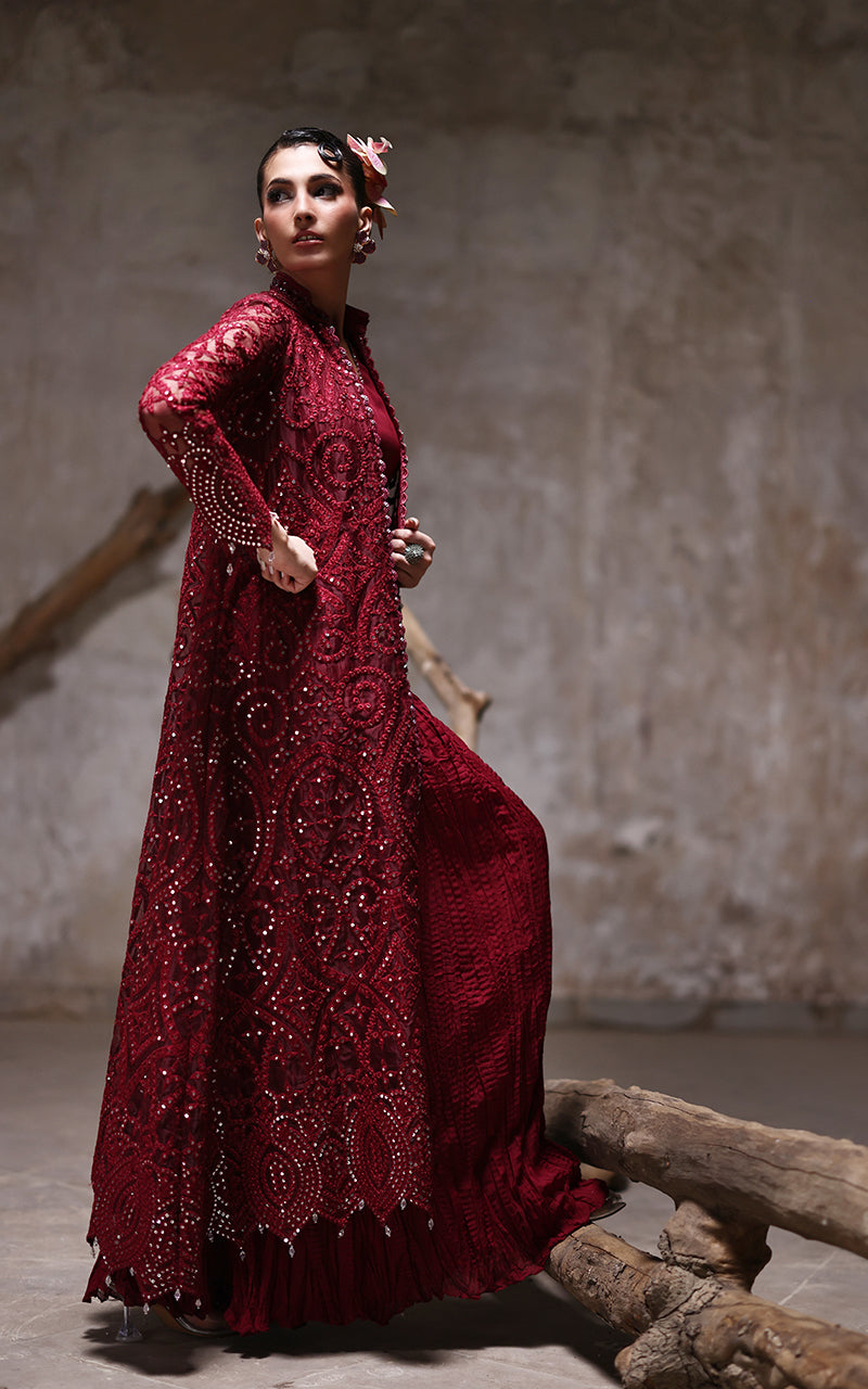 Pakistani Deep Maroon Embroidered Organza Jacket with Chiffon Trousers (2-Piece) - Image 1