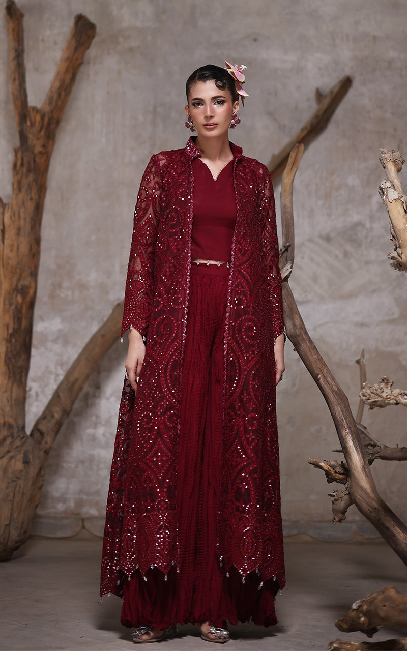 Pakistani Deep Maroon Embroidered Organza Jacket with Chiffon Trousers (2-Piece) - Image 2