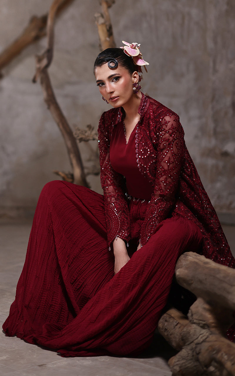Pakistani Deep Maroon Embroidered Organza Jacket with Chiffon Trousers (2-Piece) - Image 3