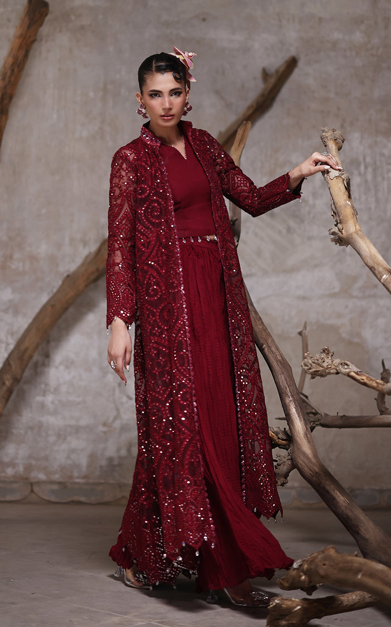 Pakistani Deep Maroon Embroidered Organza Jacket with Chiffon Trousers (2-Piece) - Image 4