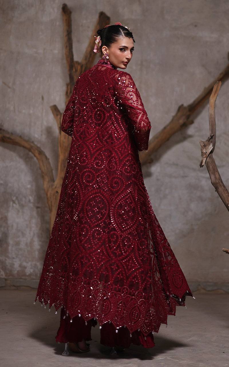 Pakistani Deep Maroon Embroidered Organza Jacket with Chiffon Trousers (2-Piece) - Image 5