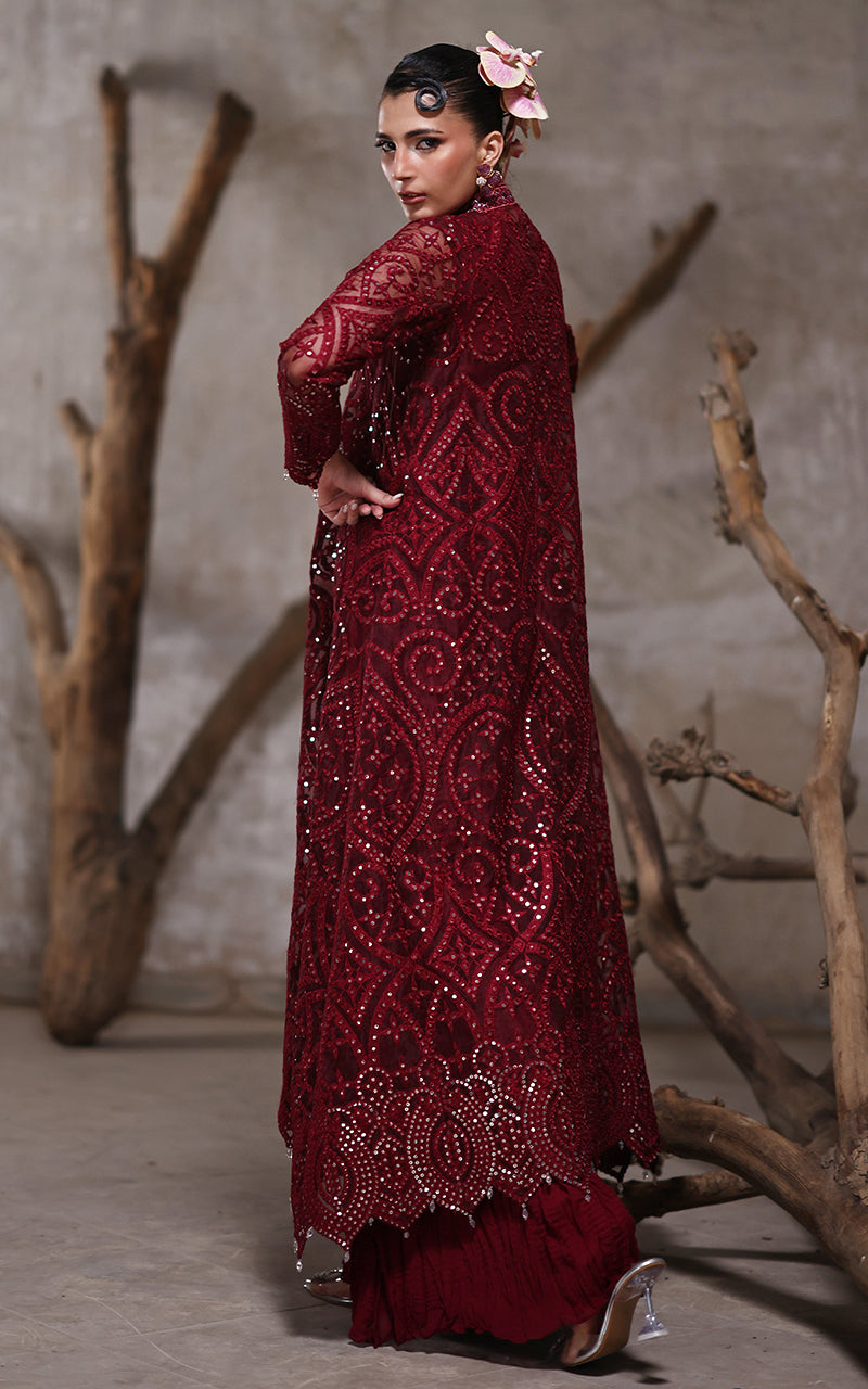 Pakistani Deep Maroon Embroidered Organza Jacket with Chiffon Trousers (2-Piece) - Image 7