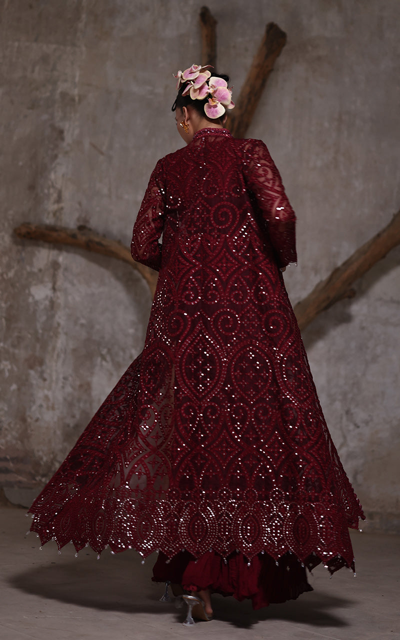 Pakistani Deep Maroon Embroidered Organza Jacket with Chiffon Trousers (2-Piece) - Image 8