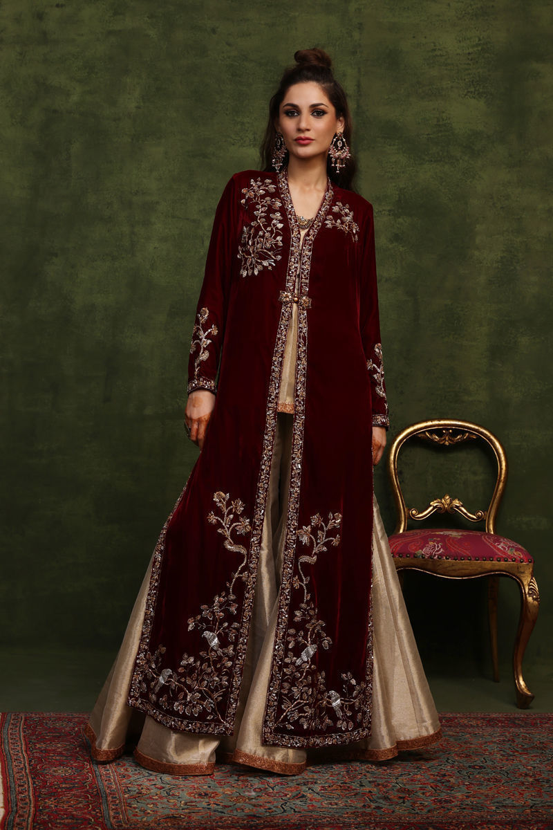 Maroon Handworked Velvet Jacket Set (3-Piece) - Image 1
