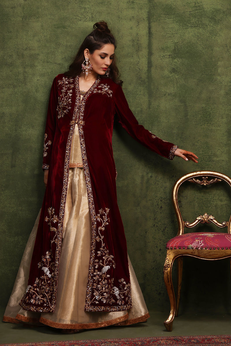 Maroon Handworked Velvet Jacket Set (3-Piece) - Image 2