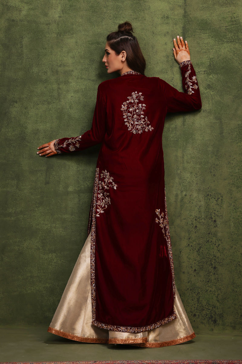 Maroon Handworked Velvet Jacket Set (3-Piece) - Image 3