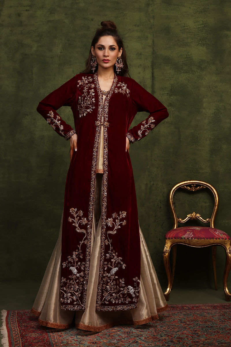 Maroon Handworked Velvet Jacket Set (3-Piece) - Image 4