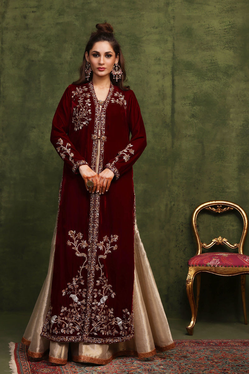 Maroon Handworked Velvet Jacket Set (3-Piece) - Image 5