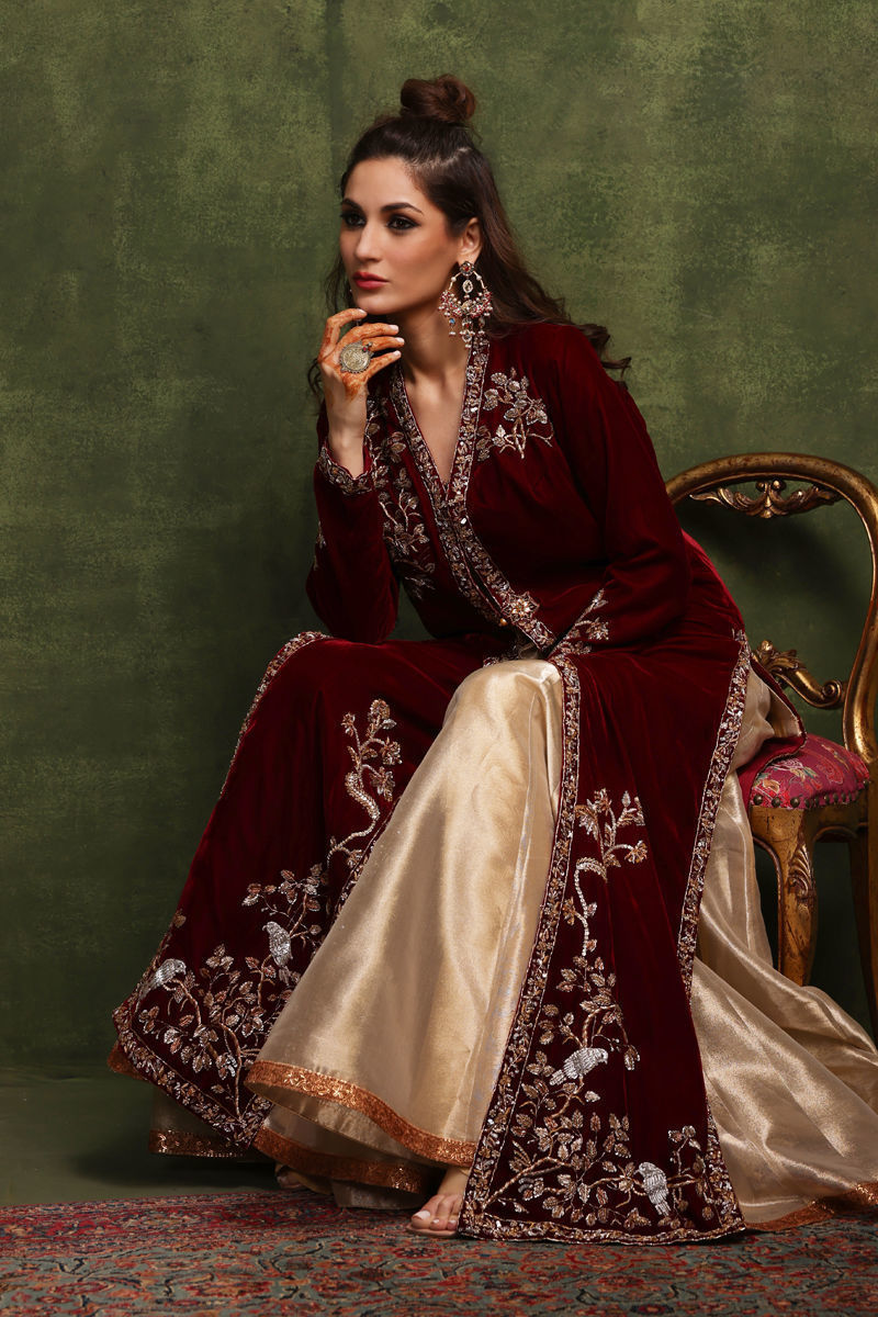 Maroon Handworked Velvet Jacket Set (3-Piece) - Image 6