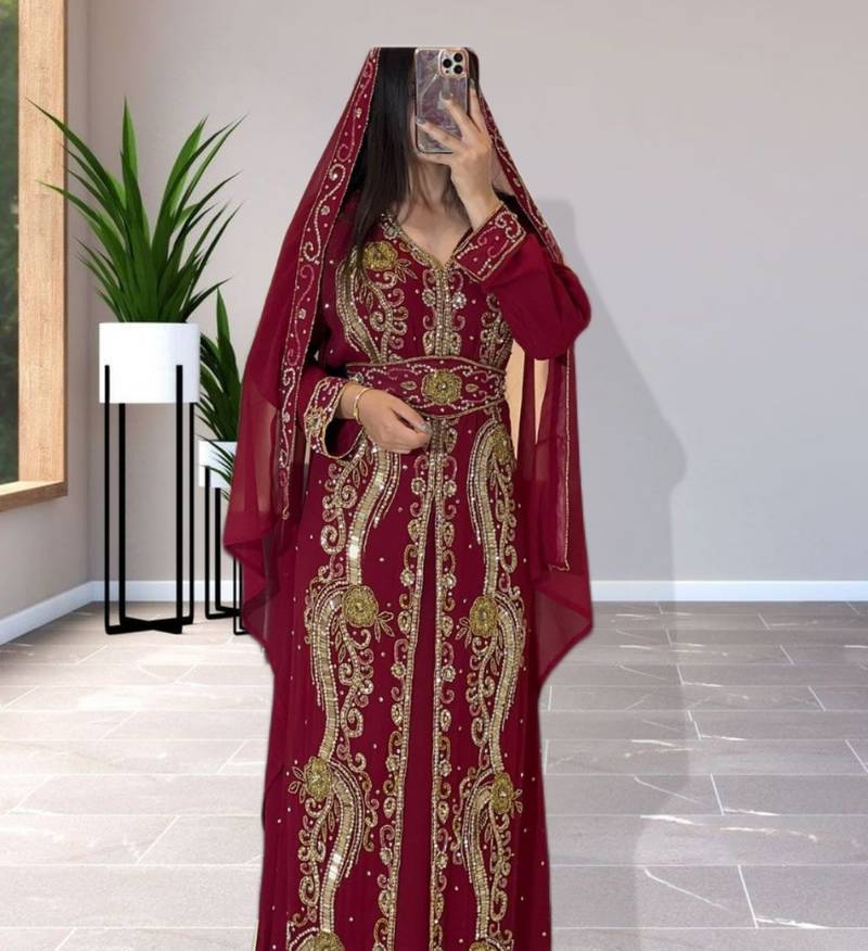Maroon Zari Embroidered Georgette Moroccan Kaftan (2-Piece) - Image 1