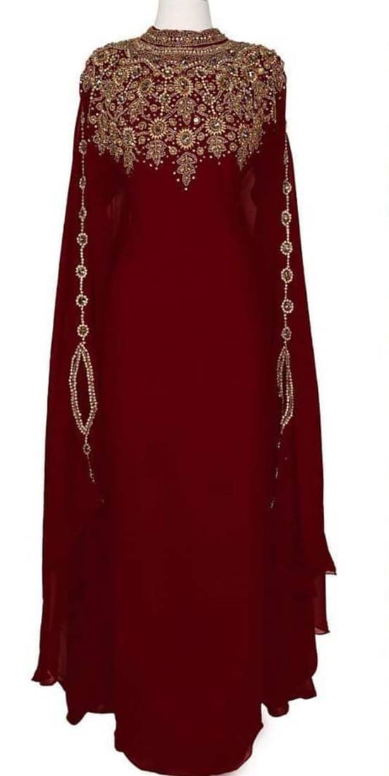 Pakistani Maroon Zari Embroidered Georgette Kaftan (1-Pc) - Image 1