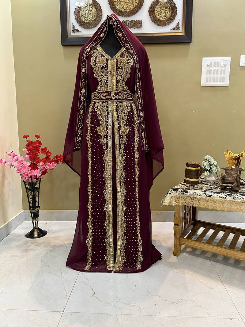 Burgundy Gold Zari Georgette Kaftan (1-Pc) - Image 1