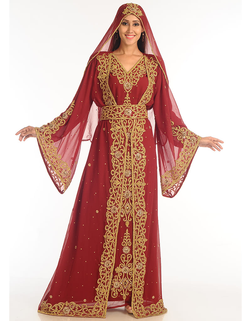 Maroon Zari Embroidered Georgette Bridal Kaftan (2-Piece) - Image 1