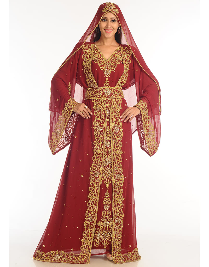 Maroon Zari Embroidered Georgette Bridal Kaftan (2-Piece) - Image 2