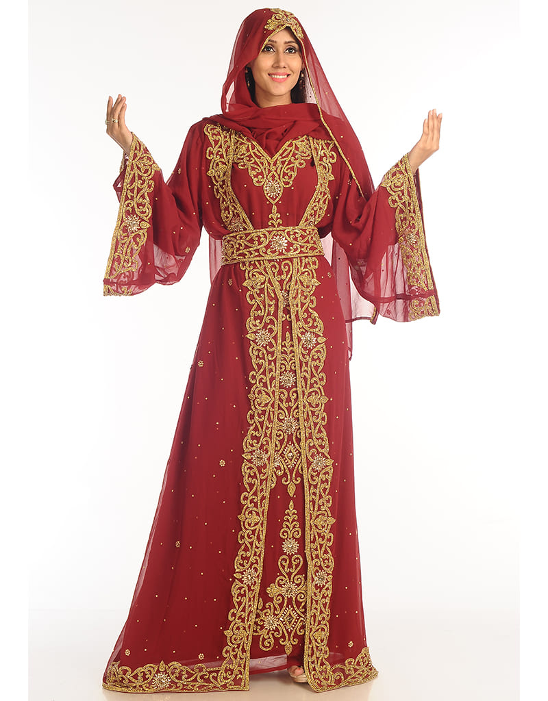 Maroon Zari Embroidered Georgette Bridal Kaftan (2-Piece) - Image 3